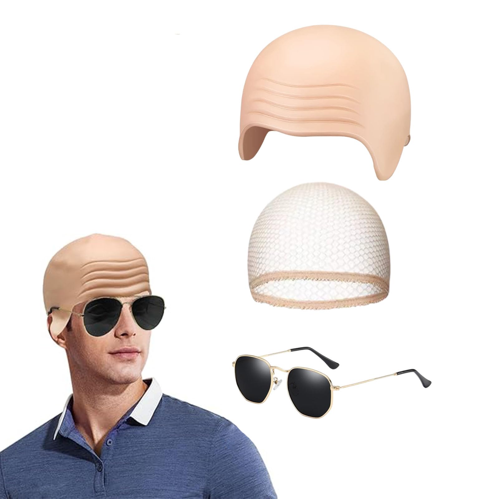 dinghaole Latex Bald Cap, 1 Wrinkle bald Head Cover and 1 Mesh Wig Caps 1 Sunglasses, Cosplay Hat Costume Accessory