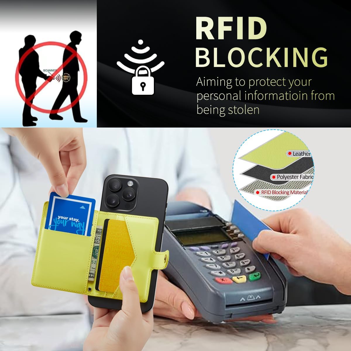 for Apple Magsafe Wallet,PU Leather Magnetic Wallet for iPhone 16/15/14/13/12 pro Max/Mini/plus,5 Card Holders with RFID Blocking (Yellow) - Image 4