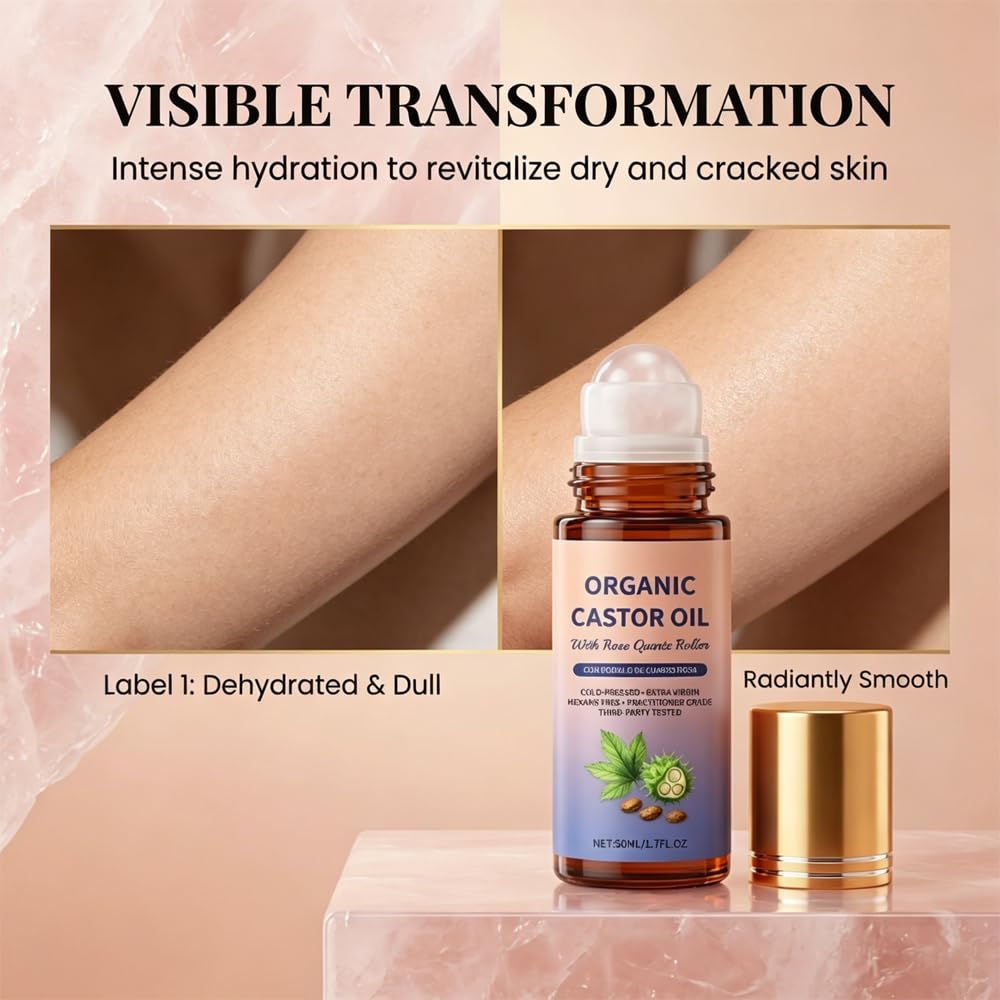 RAINPOT Organic Castor Oil Roll On with Rose Quartz Roller – 100% Cold Pressed Moisturizing Oil for Brows, Lashes, Face, Hairline & Dry Skin – Travel Friendly Leakproof Roller Bottle (1) - 4