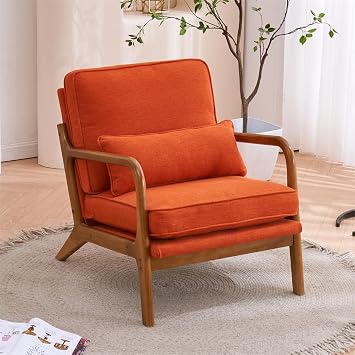 Accent Chair, Mid-Century Modern Upholstered Armchair with Lumbar Pillow, Comfy Lounge Chair Reading Chair with Solid Wood Frame & Soft Cushion for Living Room, Bedroom, Balcony, Burnt Orange