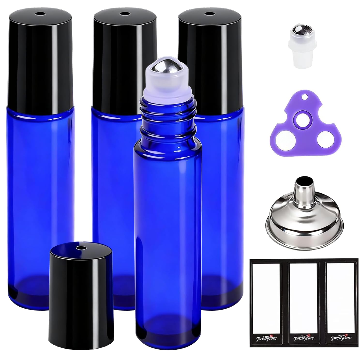 PrettyCare 6 Pack, 10 ml Essential Oil Roller Bottles with Stainless Steel Roller Ball - Refillable Leak-proof Empty Thick Blue Glass Roll on Bottles with Black Caps for Travel, Perfume