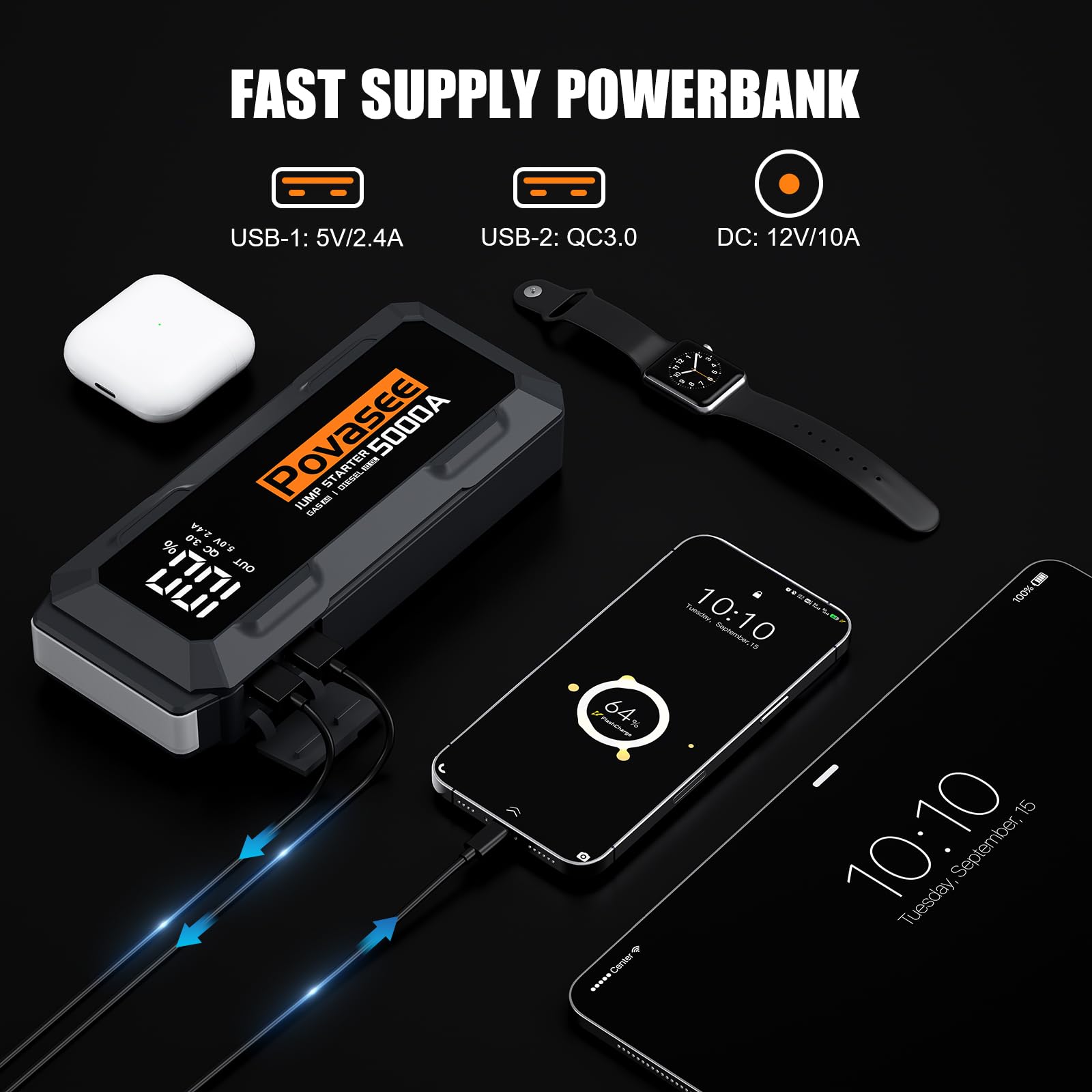 Povasee Arrancador de Baterias de Coche, 5000A Arrancador de Coches (hasta Todo Gas/10L Diésel) con 3" Pantalla LCD, Salidas USB Duales y LED, Booster para Vehículos 12V