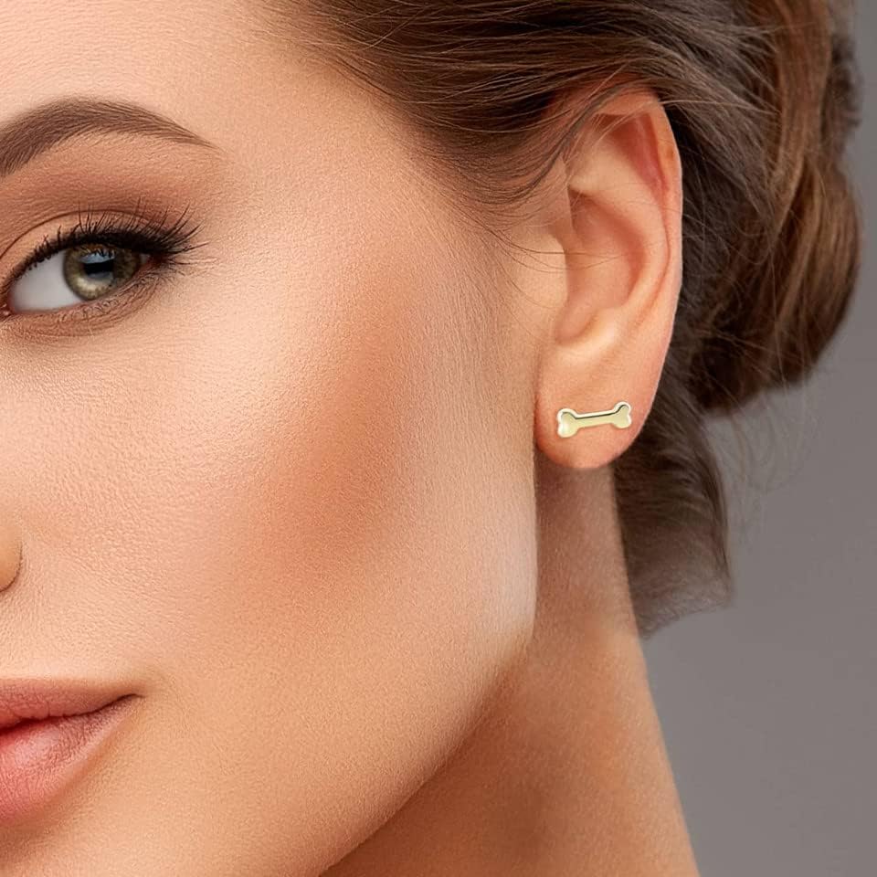 10K or 14K Yellow Gold Minimalist Tiny Dog Bone Stud (0.36") Earrings for Women Teen - Choice of Metal