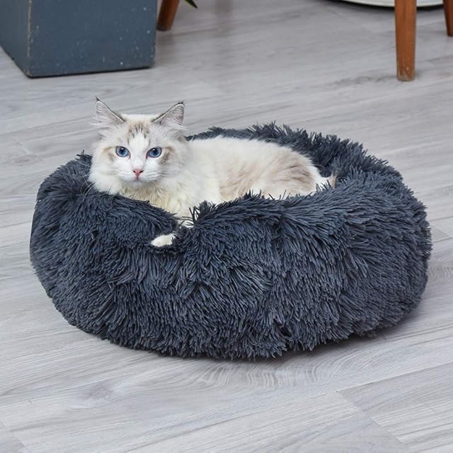 Ulalaza Donut Cat Bed Plush Cat Cushion Pet Bed Auto Warming Interior Round Pillow Cuddler