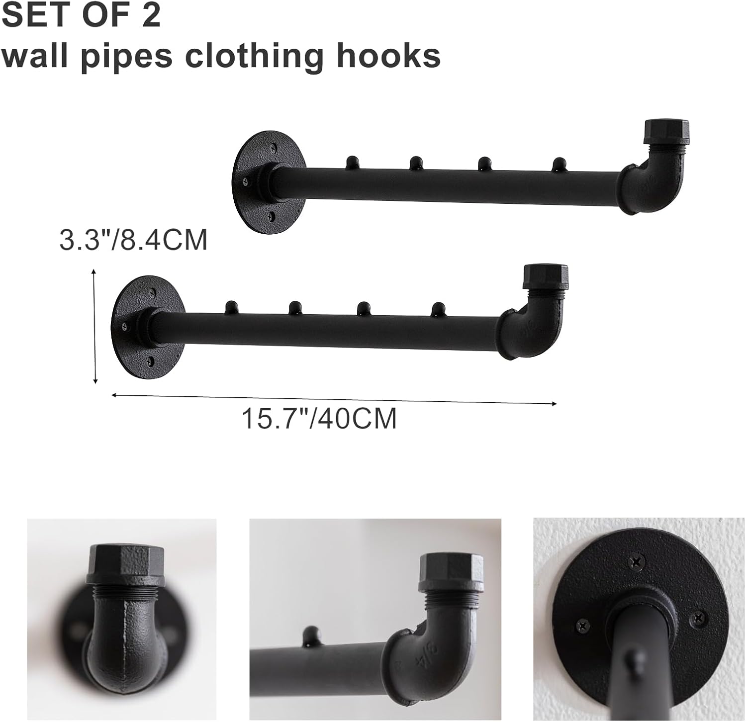 Homeyeeng Industrial Wall Pipe Clothes Bar - Heavy Duty Metal Coat Hanger with Hook, Wall-Mounted Garment Holder Racks,Wall Clothing Racks/Hanging Rail, 2Pcs