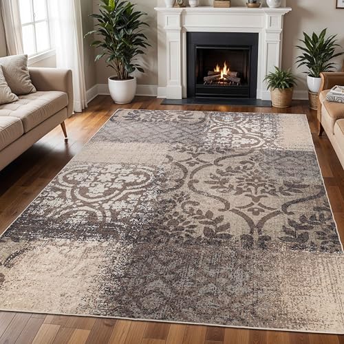Superior Indoor Area Rug, Plush Carpet Cover, for Kids or Pets, Apartment Rugs, Hallways, Entry, Office, Living Room, Distressed Abstract Damask, Bristol Collection, 12' x 18', Beige/Brown