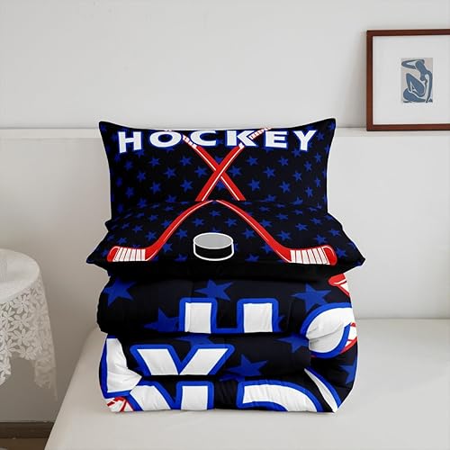 Miniatura 3 de Feelyou Juego de edredón de hockey sobre hielo, edredón de hockey con estrellas azules para niños y niñas, juego de ropa de cama transpirable, juego