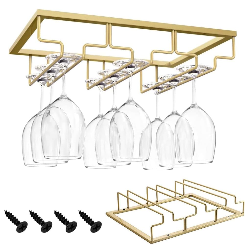 TTBDDM Estante Colgar Copas de Vino, Portavasos para Vino, Soporte Copas para Vino, Colgador Copa Vino Metal, con 4 Tornillos, para Hogar, Bar, Cocina, Restaurante, 3 Ranuras, Oro