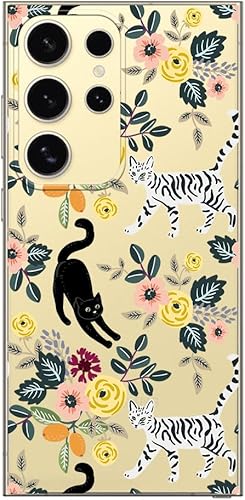 Blingy's Funda para Galaxy S24 Ultra, para mujeres y niñas, divertido diseño de gato con bonito patrón de flores, estilo floral, funda protectora