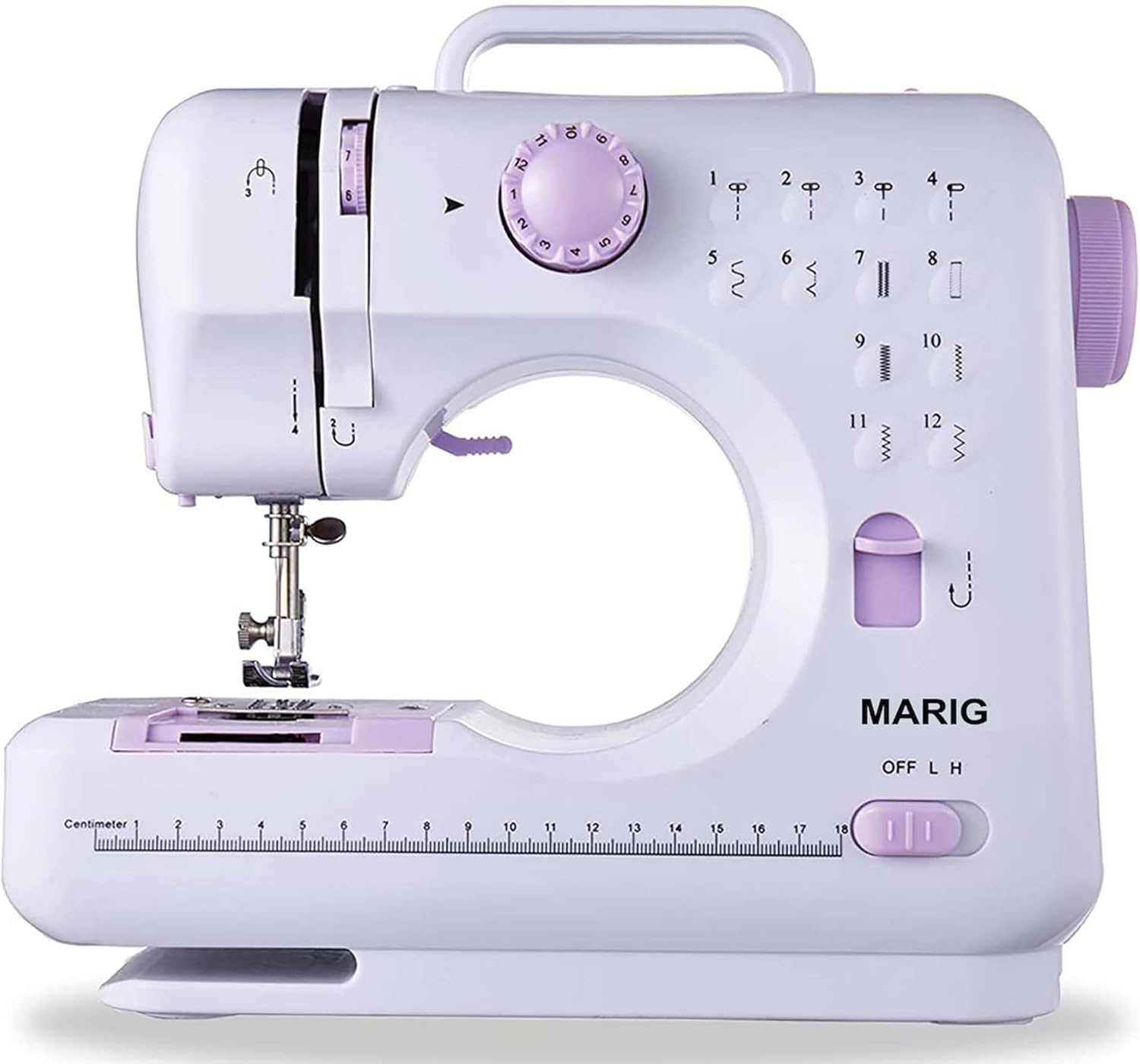 MARIG Machine à coudre pour débutants - Petite machine à coudre électrique portable avec 2 vitesses - 12 motifs de point intégrés avec prise britannique
