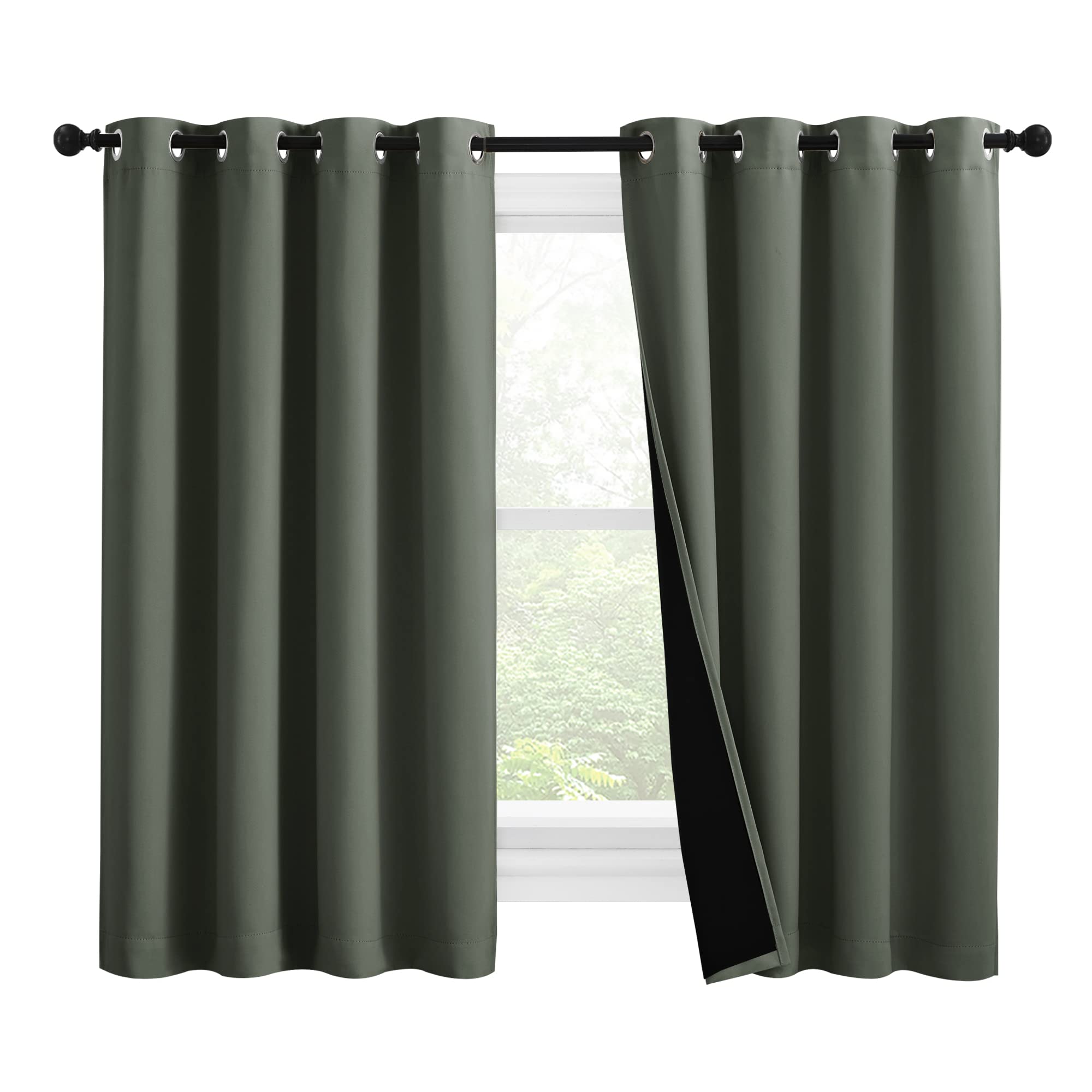 NICETOWN 100% Blackout Curtains 57 inches Long, Double-Deck Completely Blackout Window Treatment Thermal Insulated Lined Drapes for Small Window (Dark Mallard, 1 Pair, 55 inches Width Each Panel)