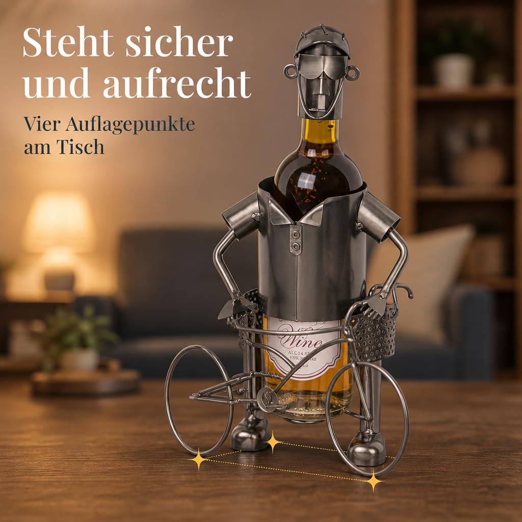 MIJOMA Weinflaschenhalter Fahrradfahrer aus Metall – Deko-Weinständer für 1 Flasche, Handarbeit, originell für Radfahrer, Flaschenhalter Eisen, 25x13x20,5 cm