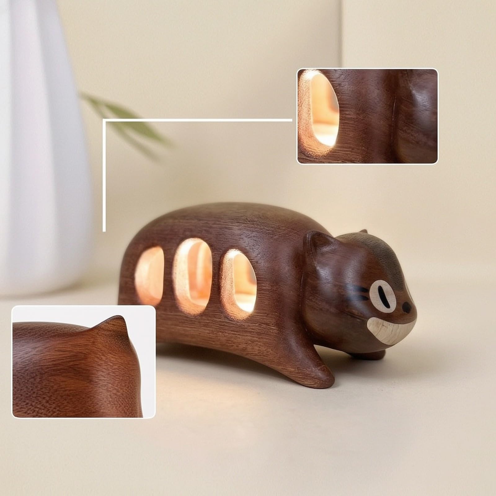 Nachtlicht Katze Holzlampe Skulptur Figur Deko Designobjekt aus mit Glatter Oberfläche Und Rundem Stand für Schlafzimmer Kinderzimmer Nachttisch Zuhause Leseecke 16x7.5x7.6cm