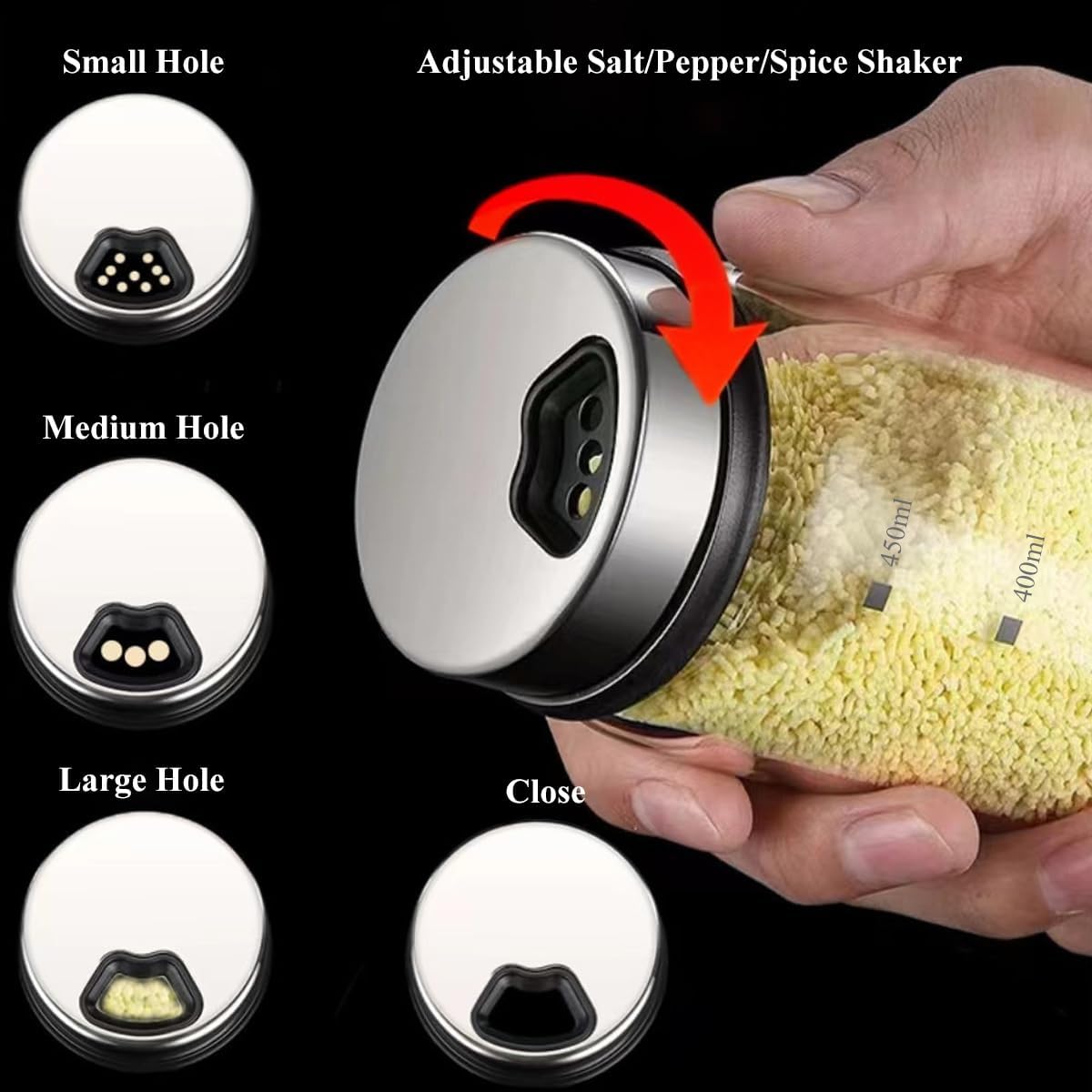 Verdental Juego de salero y pimentero de vidrio de 450 ml con tapa de acero inoxidable 304 orificios de vertido ajustables, dispensador de especias (2 piezas)