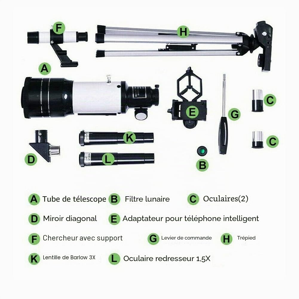 Télescope astronomique pour adultes et enfants débutants, télescope astronomique 150X, télescope 300 x 70 mm avec adaptateur trépied pour smartphone