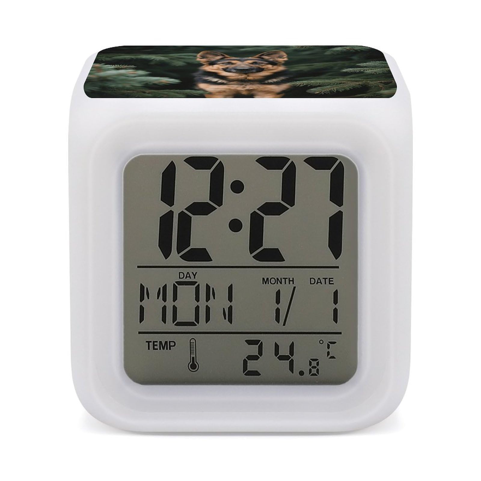 7 Color Ambient Night Light Cube Battery Operated German Shepherd Digital Clock with Snooze Temperature LED Digital Alarm Clocks Dimmable Wake Up Light Portable Mood Lamp for Bedroom Desk Gift