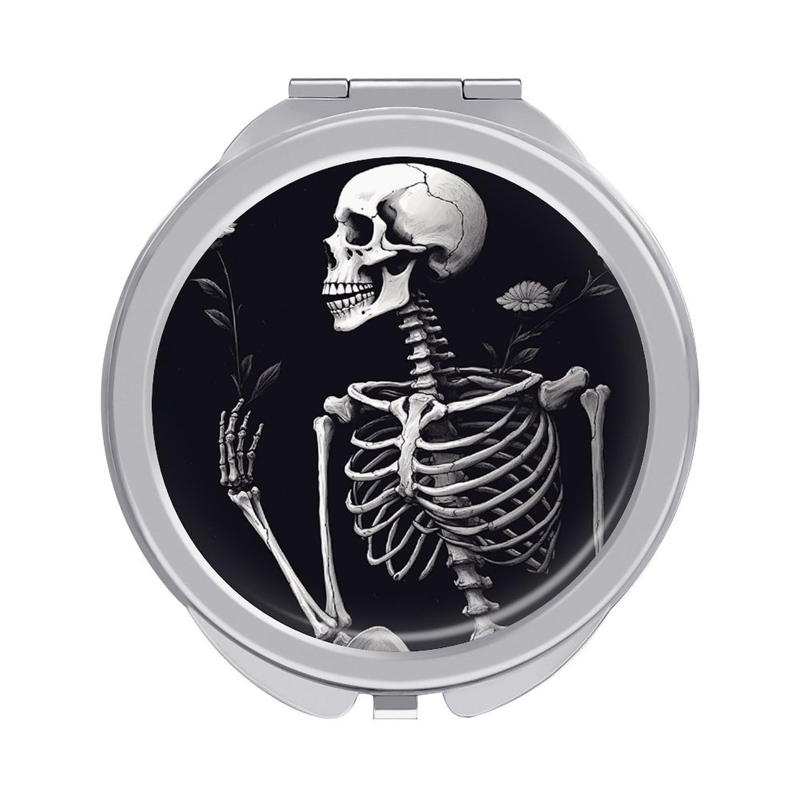 VstaDank Aesthetic Skeleton Compact Mirror for Purses Round Fashion Travel Makeup Mirror 2X /1x Magnifying Double Sides Mini Mirrors Portable Pocket Mirrors for Handbag Purse Women Gift
