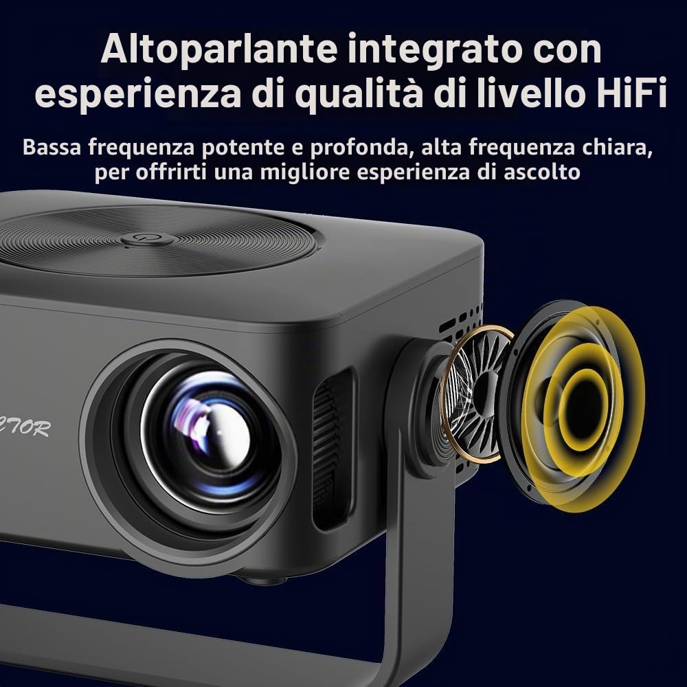 Mini Proiettore, 4K 1080P Proiettore Portatile con Zoom, Support WiFi Rotabile 360°, Video Projector TV Home Cinema per Cellulari Tablet/Laptop/PC/HDMI/USB(Nero)