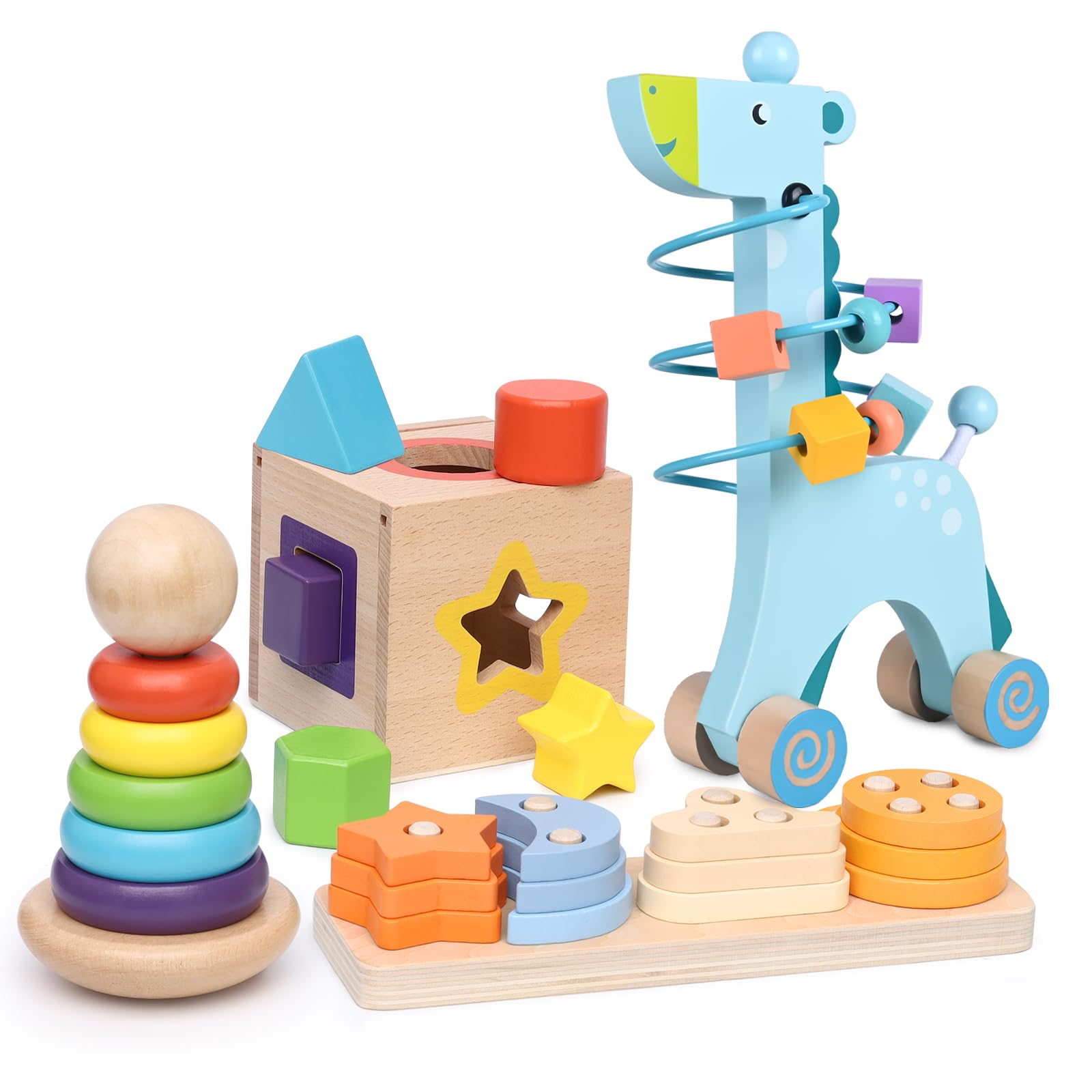 4-in-1 Wooden Montessori Toys for 1+ Year Old - Educational Sensory Toys for Toddlers Aged 1-3 - Baby Learning Toys for Boys and Girls, Christmas Birthday Gifts