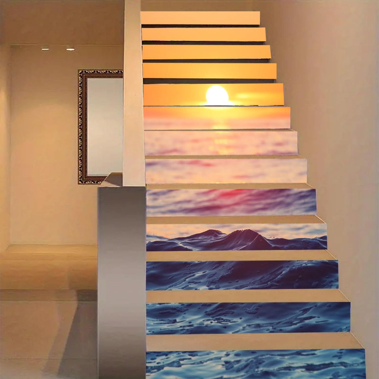 artfanke 13Pcs 3D Sunset Seascape Stair Risers Stickers Peel and Stick-Vinyl Staircase Sticker Decals for Steps Home Office Decor 39.37"x7.09"