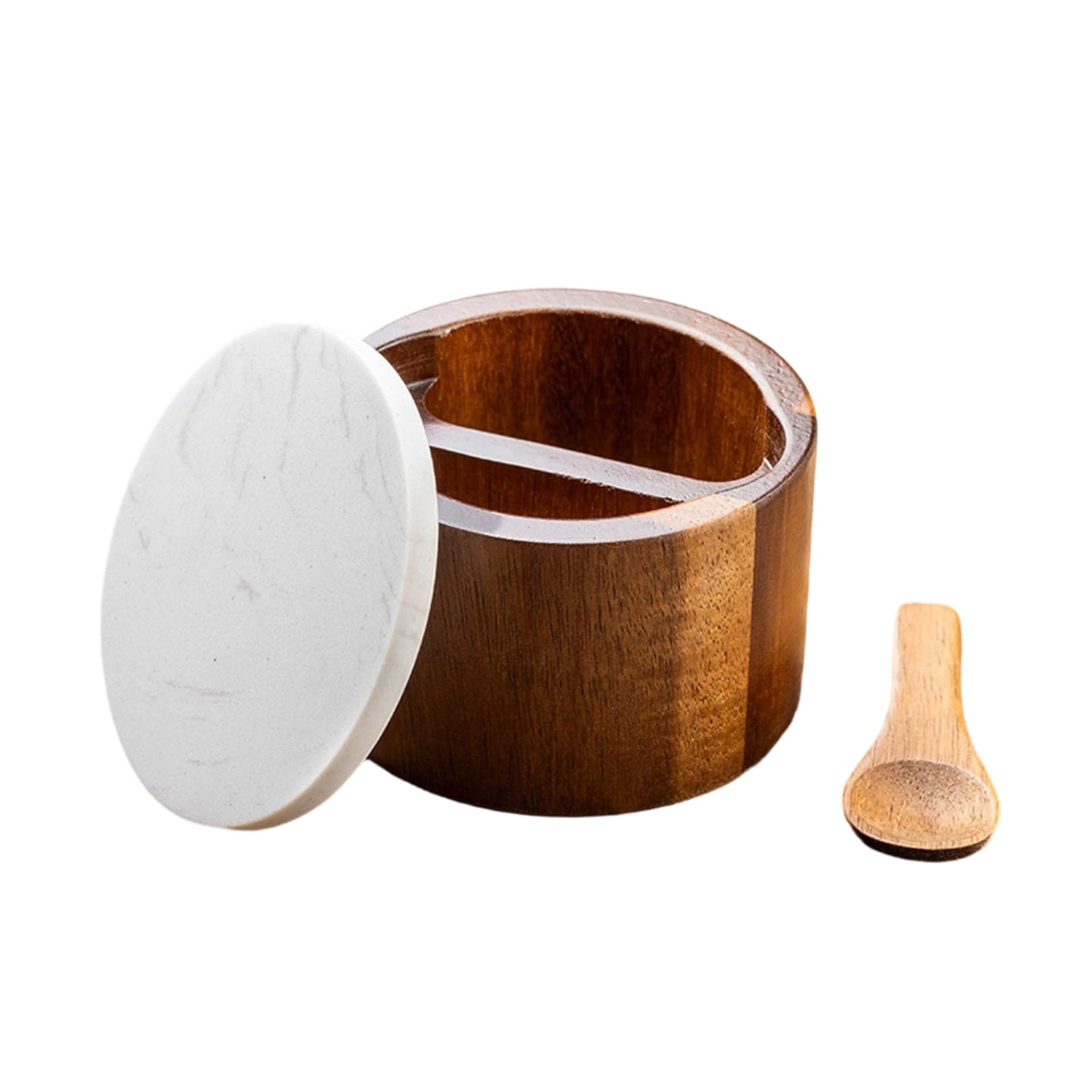 Msioytog Handcrafted Wooden Condiment Holder with Stone Lid and Spoon for Seasoning Portable Seasoning Jar with Spoon