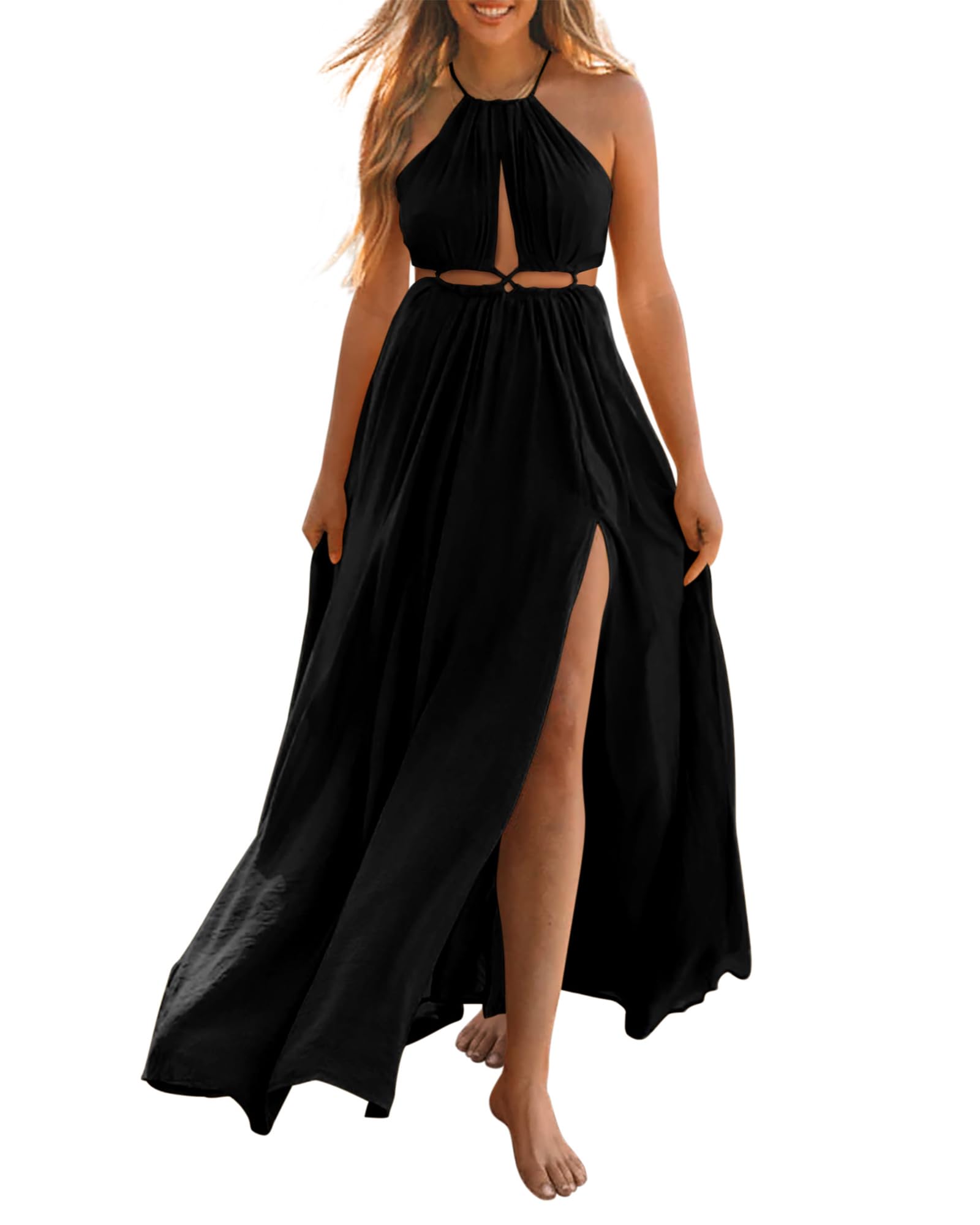 BTFBM Women Halter Summer Dresses 2026 Sleeveless Cutout Backless Sundress Slit Boho Maxi Beach Wedding Guest Dress