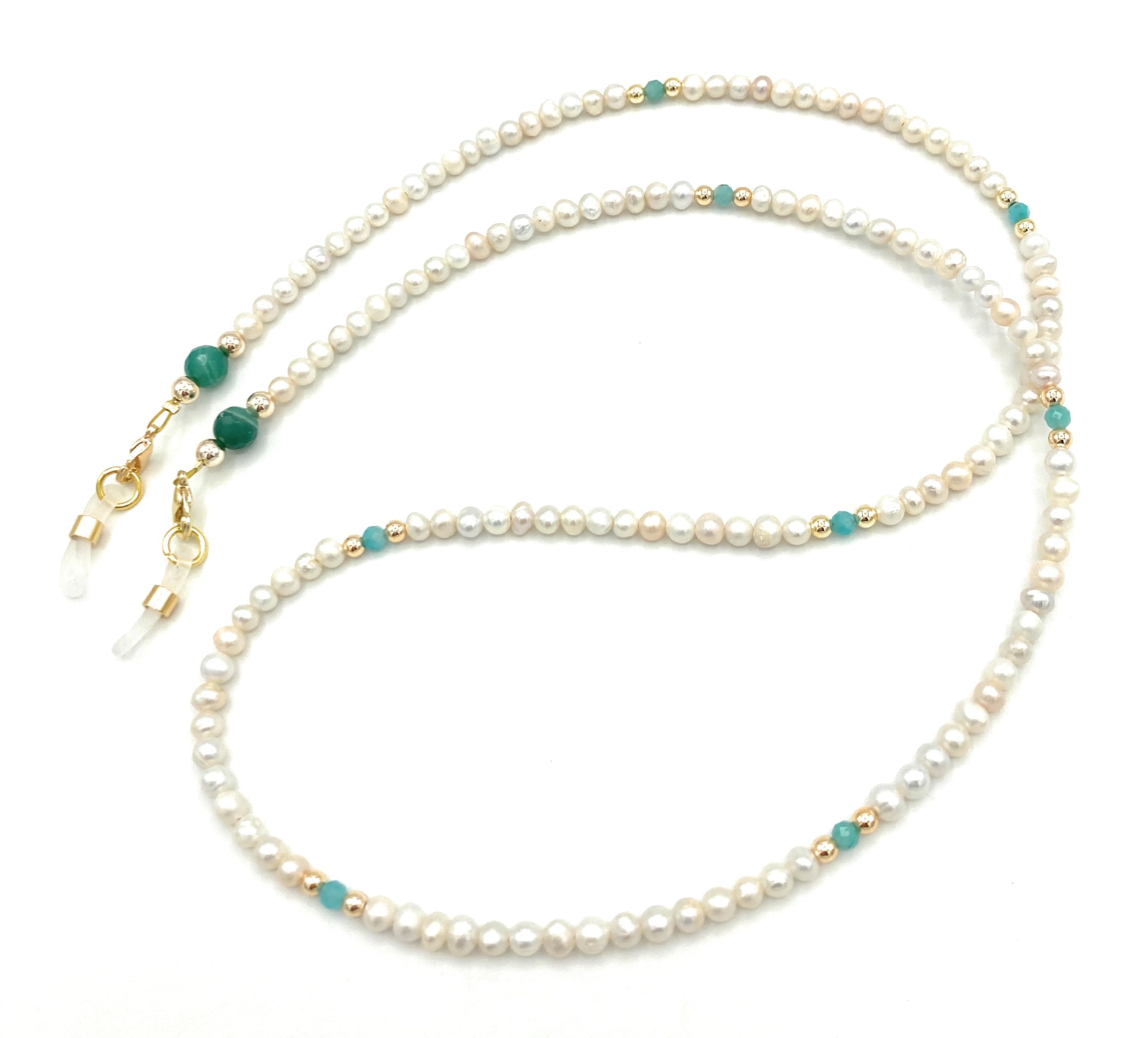 Brillenkette, Brillenband, Brille, Brillenschmuck, Kette für Lesebrille, Schlangenkette Natürliche Edelstein Perlen, Süßwasserzuchtperlen, Cremeweiß, handmade, Amazonit