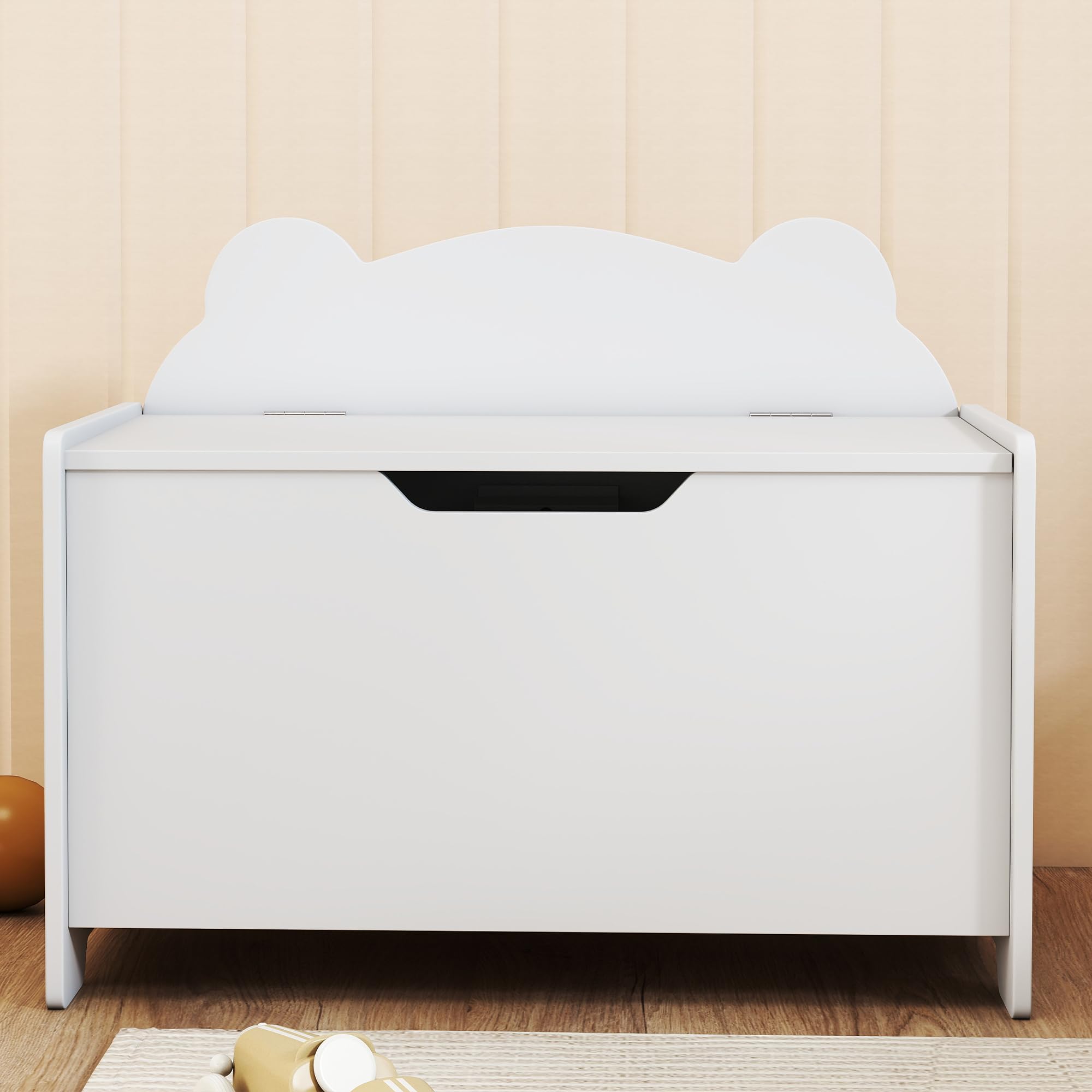 AIYAPLAY Kinderspielzeugtruhe mit Klappdeckel, Kinderaufbewahrungstruhe, Bärenform, Sicherheitsscharnier, Spielzeugaufbewahrung für Mädchen Jungen von 3 bis 8 Jahren, 60 x 38 x 48 cm, weiß