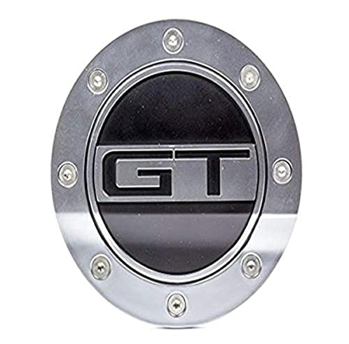 Drake Muscle Cars Comp Series Fuel Door with GT Lettering in Satin Silver/Black Finish, Compatible with Ford Mustang GT 2015-2021, Model FR3Z-6640526-GS