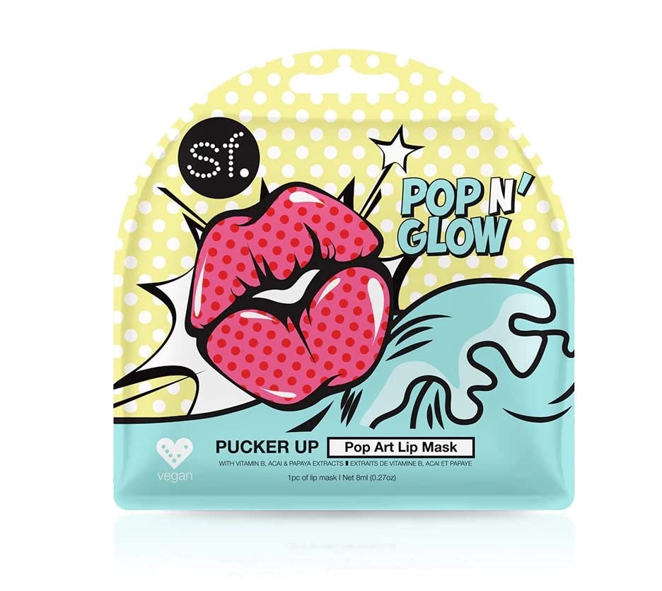 SF Glow Pucker Up - Pop N' Glow Lip Mask | Pop Art Sheet Mask - Made with Vitamin B, Acai & Papaya Extracts | 3 Count