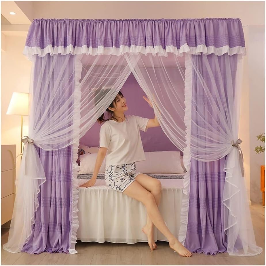 Moustiquaire à poteau quadruple violet support lit double 150 x 210 cm