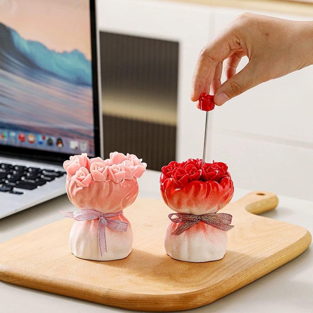 Juego de tenedores de frutas, 12 tenedores de postre de acero inoxidable en forma de rosa con elegante jarrón de almacenamiento de cerámica, tenedores novedosos para cocina, fiesta, comedor