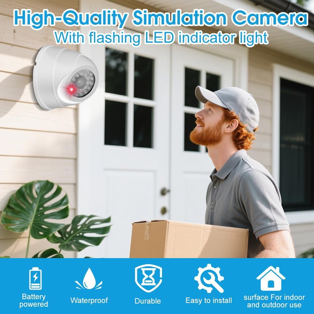 2Pcs Camera Factice, Caméra de Surveillance Factice avec LED Infrarouge Clignotante Rouge Fausse Caméra pour Extérieur Intérieur pour Les Entreprises Magasins Accueil (Blanc)