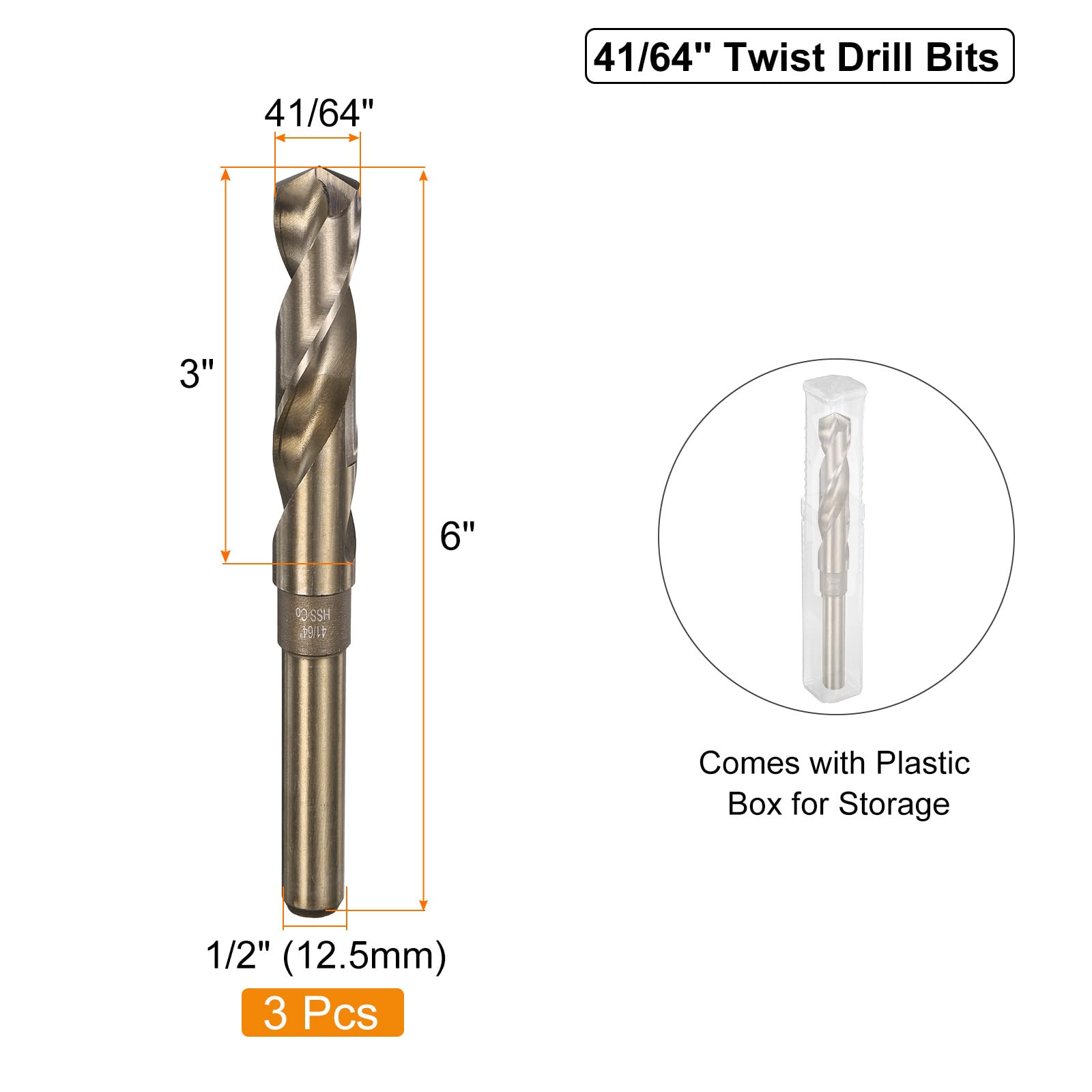 uxcell 3 brocas helicoidales de cobalto M35 de 41/64 pulgadas, broca Jobber de acero de alta velocidad para acero inoxidable, metal endurecido, hierro fundido, aluminio, cobre, acero de aleación