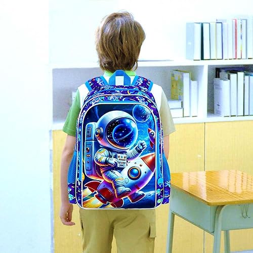 Miniatura 2 de Mochila de 3 piezas para niños, 16 pulgadas con lonchera, mochilas escolares para primaria preescolar jardín de infantes, Azul astronauta, Tamaño