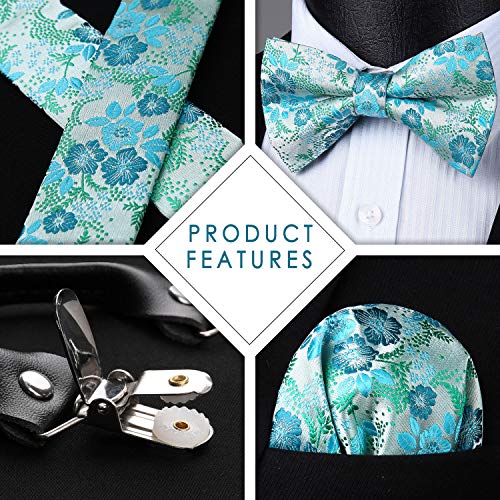 Image of HISDERN Suspenders for Men Paisley Floral Bow tie Suspender Pocket Square Sets Adjustable Y Shape 6 Clips Wedding Braces