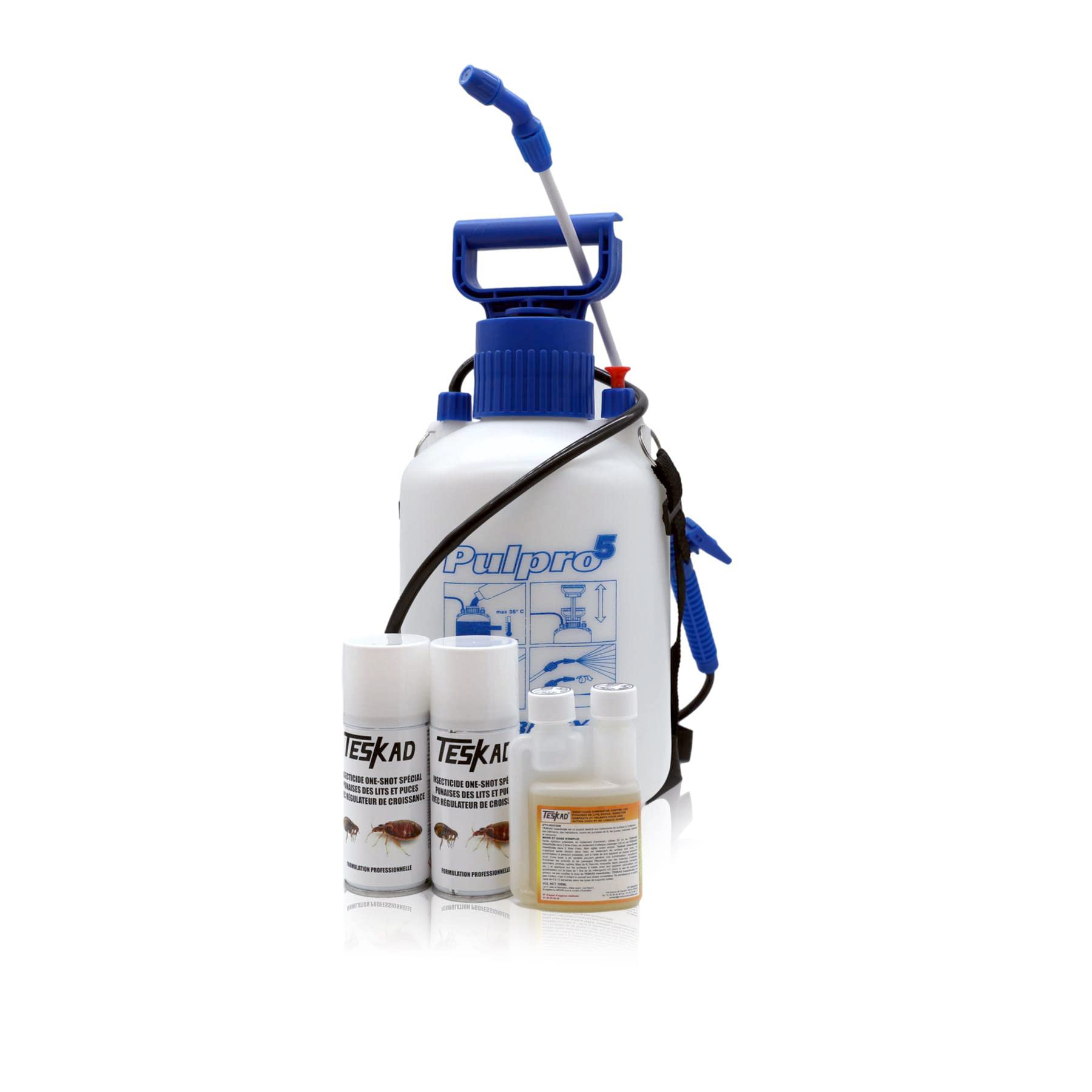 Traitement complet anti punaises de lit et puces pour logement jusqu'à 50m² Teskad | Pulvérisateur 5L + insecticide concentré 100 ml + 2 aérosols régulateur de croisssance