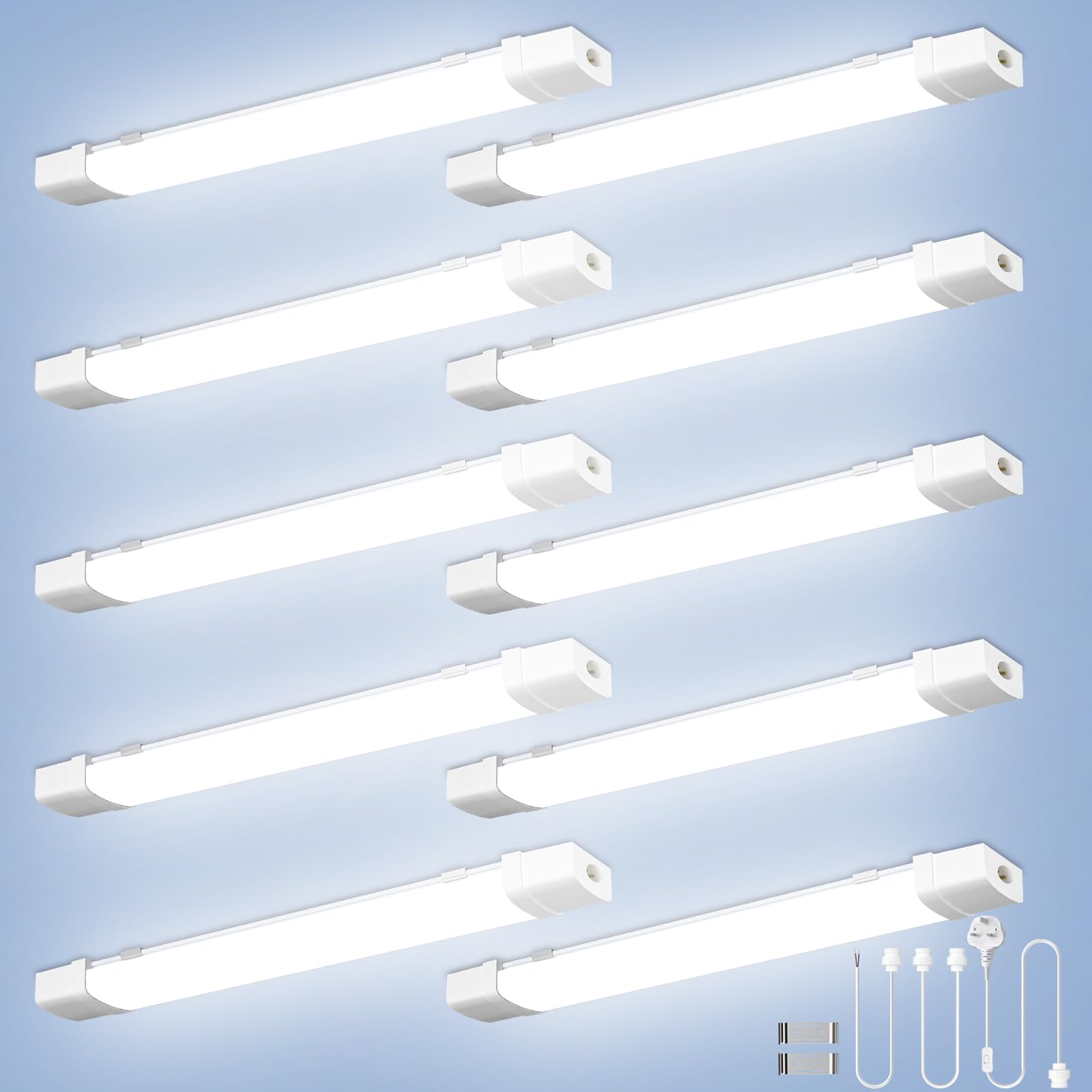 wowspeed 10Pcs 4FT 120CM Linkable Led Batten Light with Motion, 40W 6500K Plug&Switch Tube Shed Loft Light, IP43 Plug in Strip Sensing Lights for Garage Office Workshop Basement Bathroom Kitchen