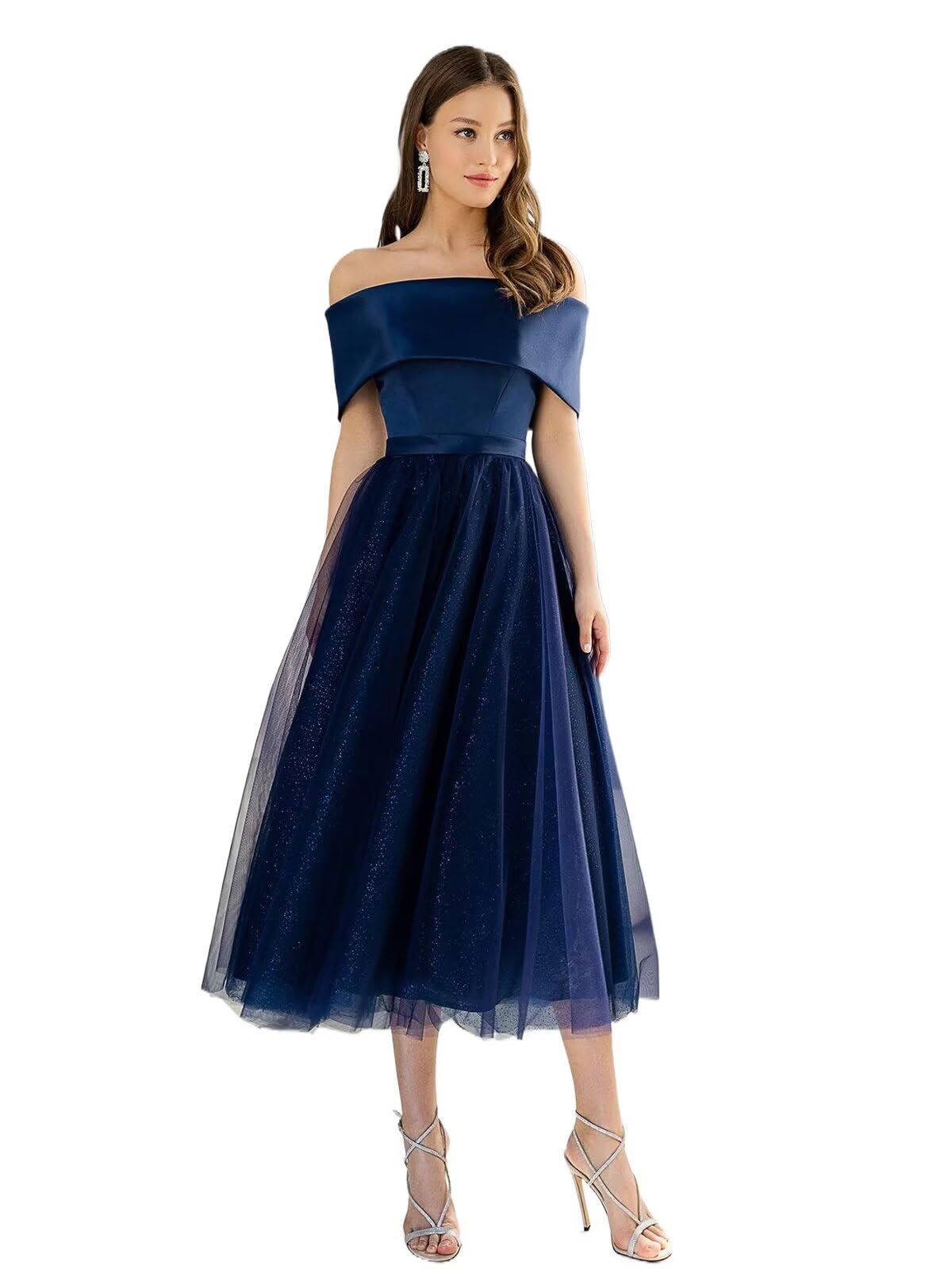 Koeride Tea Length Formal Dresses for Women Sparkly Tulle Satin Off Shoulder Midi Prom Dress Evening Gowns