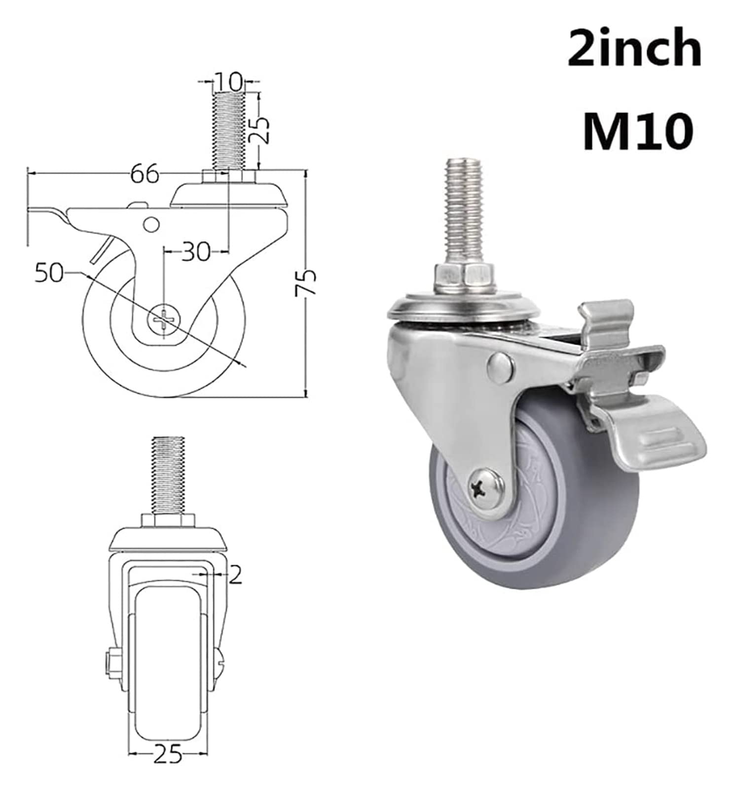 Ruote girevoli Ruote silenziose Ruote con stelo filettato da 2 pollici M10, Ruota girevole per carichi pesanti con carico 90 kg, Ruota in gomma con freno, Nessun rumore, Per carrello/sedia a