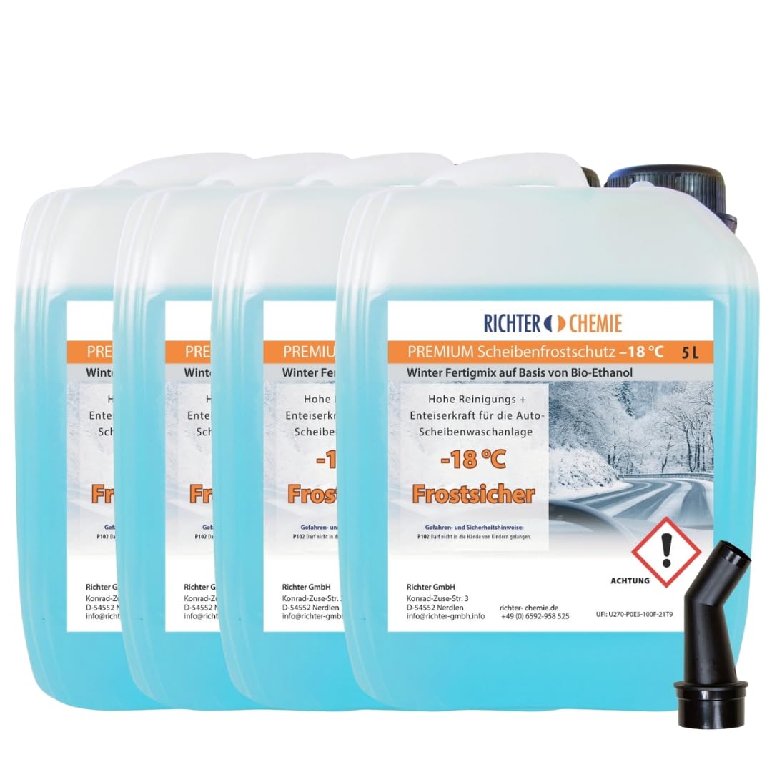 Richter Chemie Premium Scheibenfrostschutz -18°C, 20 Liter, gebrauchsfertig | Für Lack, Gummi & Kunststoff; mit Citrusduft; für Auto-Scheibenwaschanlagen; sofort einsatzbereit