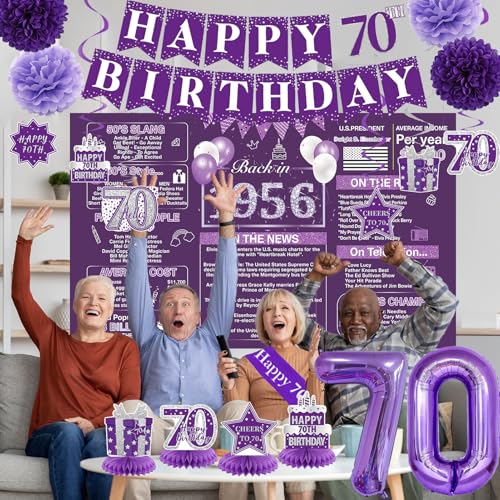 Image of Crenics Purple 70th Birthday Decorations for Women - Back in 1956 Backdrop, Banner, Swirls, Centerpieces, Sash, Paper Pom Poms, Cake Topper and Balloons for 70 Birthday Party Supplies