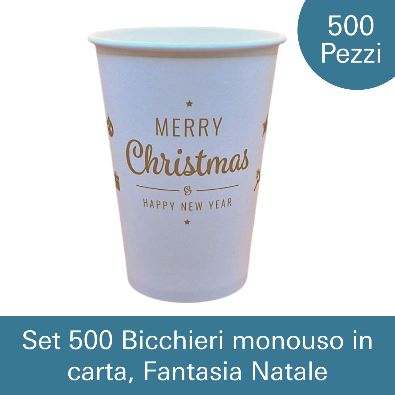 Mecup Bicchieri in Carta Natalizi, Bicchieri Monouso Biodegradabili, 500 Pezzi, Tazza Caffè di Natale 200 ml, Usa e Getta, Per Bevande Calde e Fredde, Fantasia Natalizia. Fantasia: Bianco