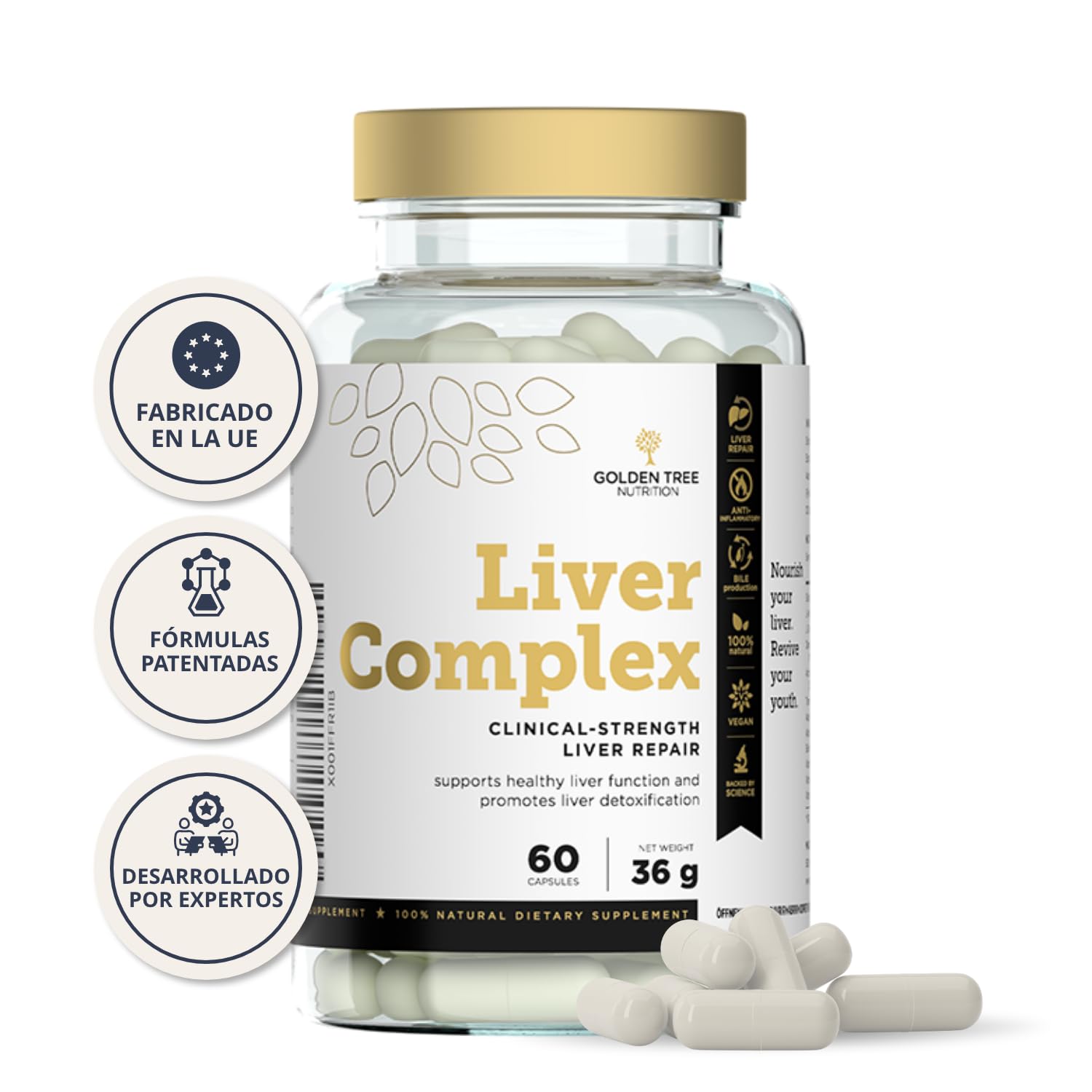 Golden Tree Liver Complex - Cardo Mariano Capsulas, 60 piezas | Con Diente de León, Alcachofa, Cúrcuma, Colina, Vitaminas B6 B12 D3 E y Pimienta Negra