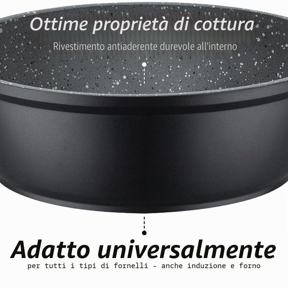 GSW Set di pentole e padelle Gourmet Granit – Set di pentole e padella di alta qualità con coperchio, anche per induzione e forno, in alluminio pressofuso, 7 pezzi, nero