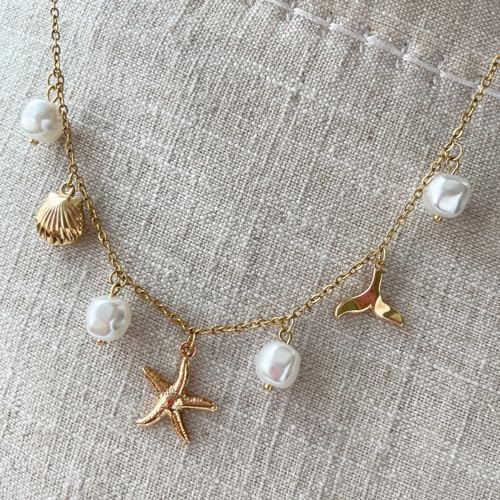 Charm Necklace for Women Pearl Starfish Seashell 14k Gold Summer Beach Surfer Jewelry Necklace Gifts4