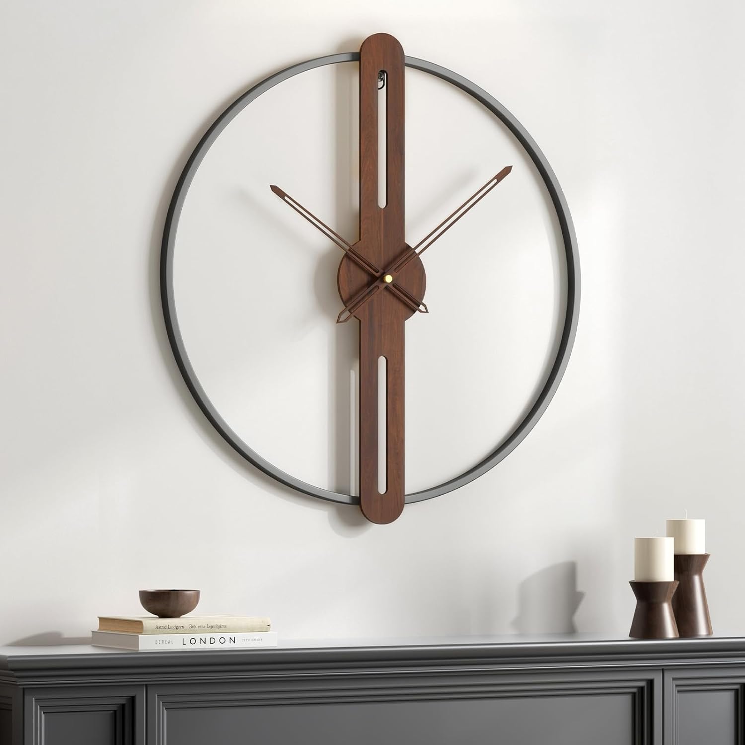 Cuspin Modern Wall Clock for Living Room Decor, Silent Non Ticking Battery Operated Big Clock, Rustic Minimalist Wood Metal Frame Decorative Wall Clocks for Office, Bedroom, Kitchen, 20 Inch Modern Minimalism 20 Inch
