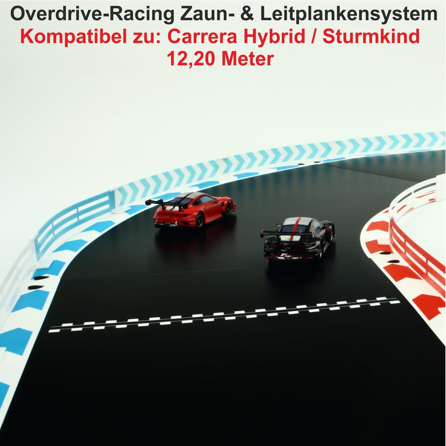 Overdrive-Racing 12,20m Leitplanke & Zaun Set für Carrera Hybrid - Weiß Rot Blau - Bande Fangzaun Kurven Gerade