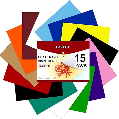 CAREGY Vinilo de transferencia de calor para camisetas de 12 pulgadas x 10 pulgadas. Paquete de 15 hojas de vinilo HTV para planchar