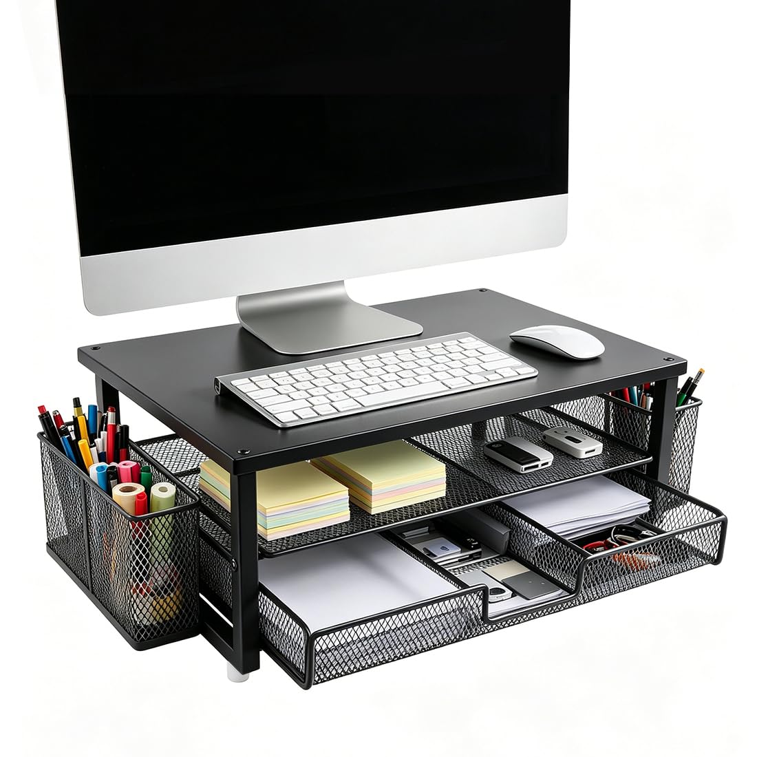 Support de moniteur ergonomique avec tiroir de rangement et porte-stylos